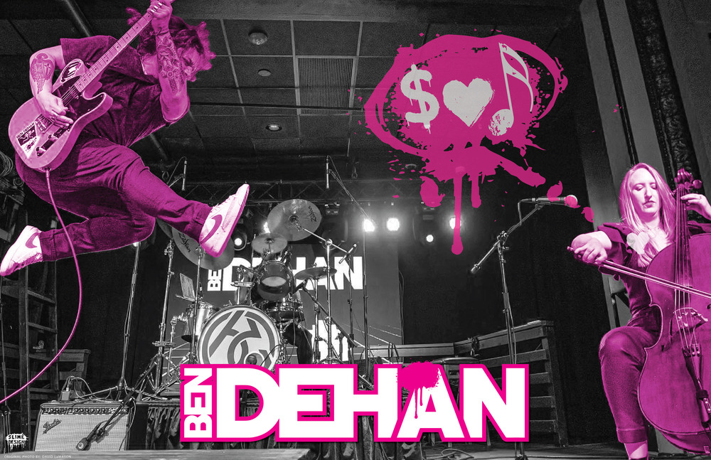 Ben DeHan jumping while Lauren DeHan plays the cello. A black and white background with hot pink highlighting Ben and Lauren and the band logo.