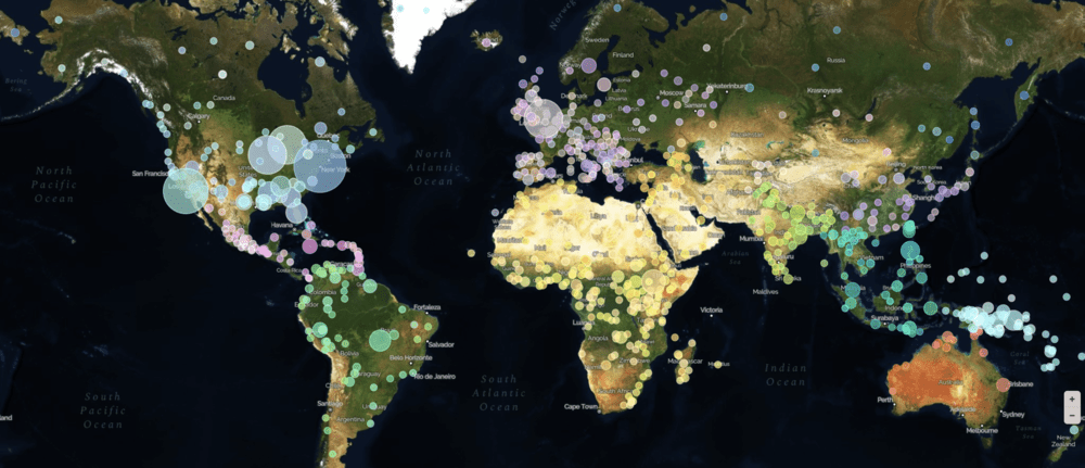 map of the world from The Global Jukebox depicting areas with a high concentration of data through different-sized dots