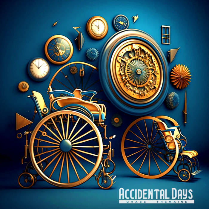 Chase Tremaine - Accdental Days - Album Art - Showing vintage wheels, clocks, and other assorted items on a blue background.