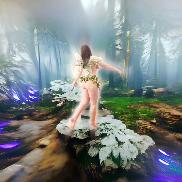 Elita -"Bangs Like a Fairy On Acid" album art - shows the back side of a fairy immersed in a fantastically lush natural environment