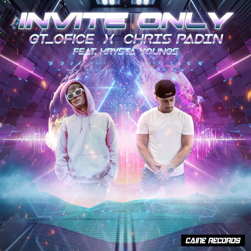 GT_Ofice - INVITE ONLY album art with a futuristic background while GT_Ofice and Chris Padin appear in the forefront