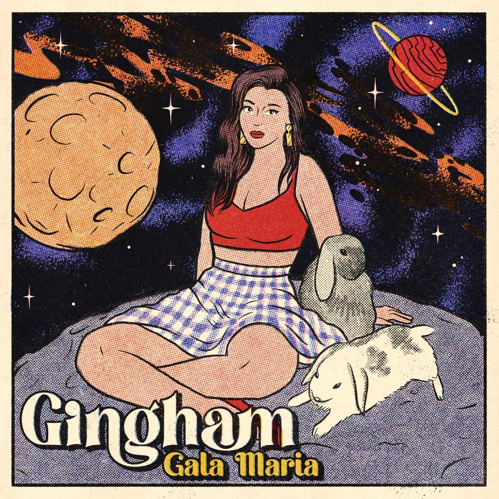 Gala Maria - Gingham album art with a woman and two rabbits sitting on an asteroid amidst the solar system.