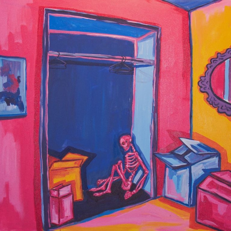 HARBOUR"To Chase My Dreams, Or To Just Lie Down?" album art with a skeleton sitting on the floor of a closet leaning against the wall.