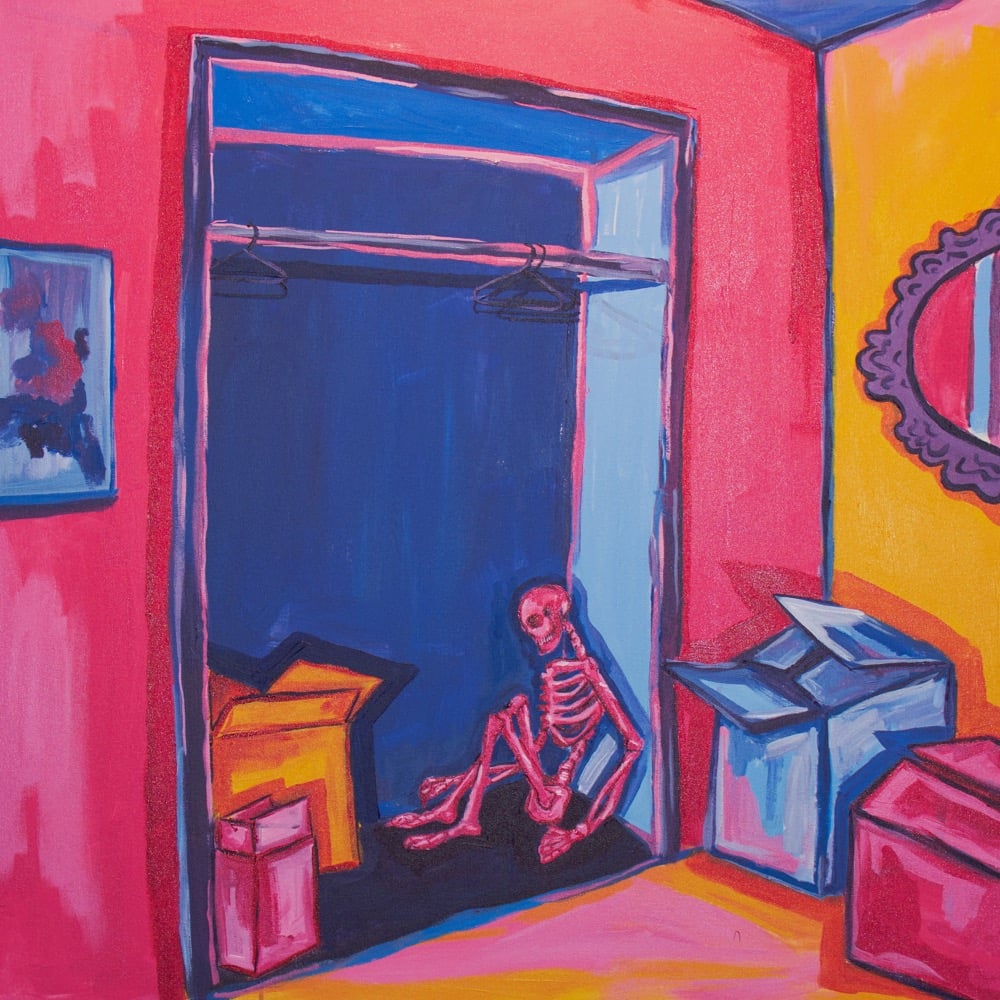 HARBOUR"To Chase My Dreams, Or To Just Lie Down?" album art with a skeleton sitting on the floor of a closet leaning against the wall.