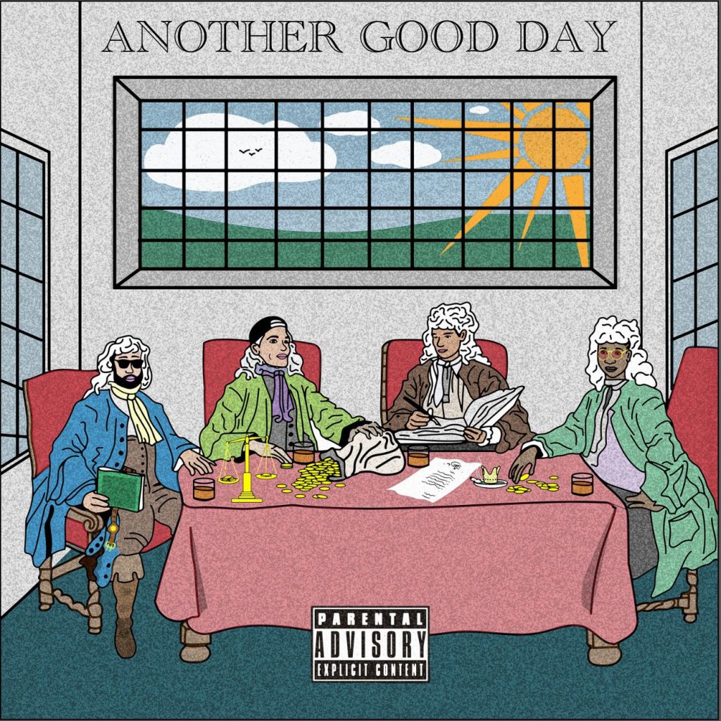 LAV.ISH - Rent Free - album art - A "last supper" style dining room with four people sitting around a table. Sunlight comes in through a rear window.