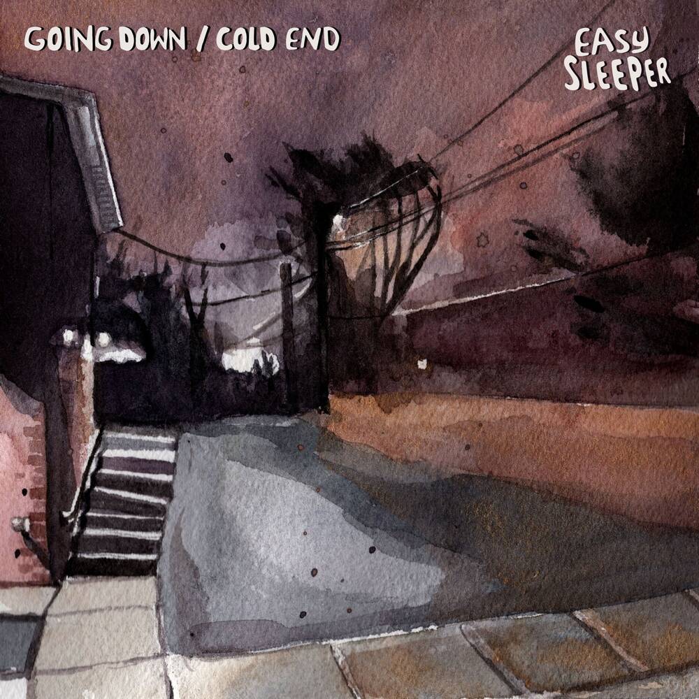 Easy Sleeper -- Going Down / Cold End -- cover artwork -- a watercolor-inspired, overcast landscape featuring a road dimly-lit by streetlights, framed by a sidewalk. telephone lines, and the dark shadows of trees.