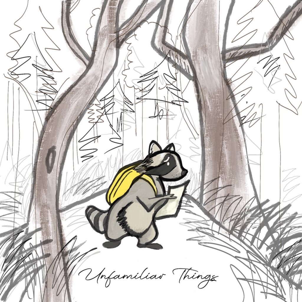 Unfamiliar Things - self titled full length album - album art - a racoon wearing a yellow backpack while holding a note treks through the forest.