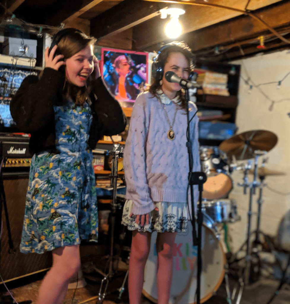 Annie and Nissa recording part of 'Sisu' in their basement