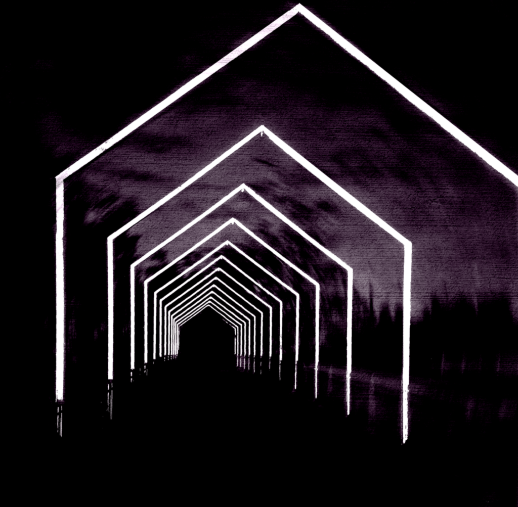 Living Pictures - Crossing the Bridge Album Art - depicting a kind of visual illusion in the shape of a home or house.