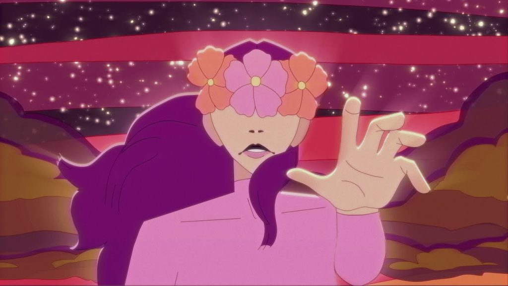 Oliver Asadi x Afrirampo - "LIONSAPIEN" YouTube music video thumbnail with an animated female character, whose eyes are covered in flowers, reaching toward the screen.