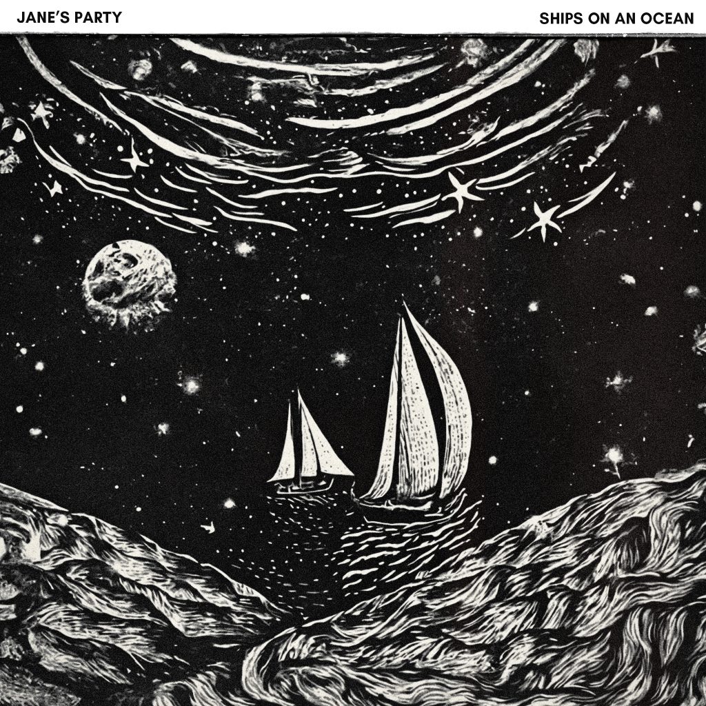 Hand drawn cover art for "Ships On An Ocean" featuring two boats floating on an ocean of water set in outerspace with the moon and stars prominently featured in the background.