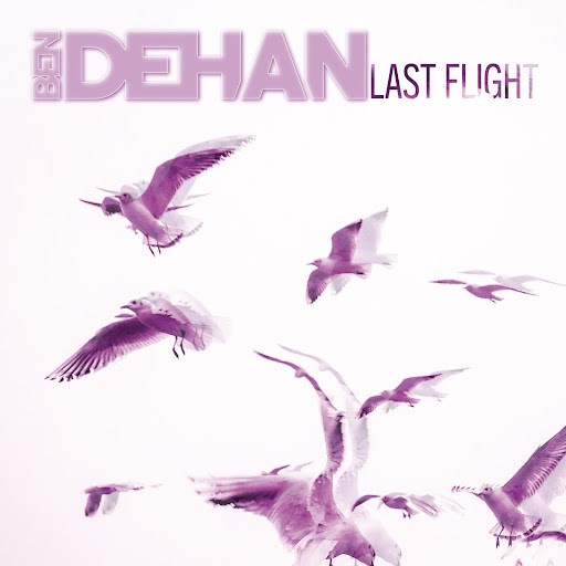 Semitransparent purple birds fly through a white backdrop in the cover art for "Last Flight" by Ben DeHan.