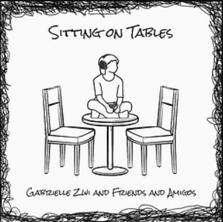 "Sitting on Tables" single cover art- A person with headphones sitting on the table while empty chairs are available
