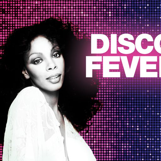 A black and white photo of Donna Summers is on a purple gradient and polka dot background with white text that says "DISCO FEVER"