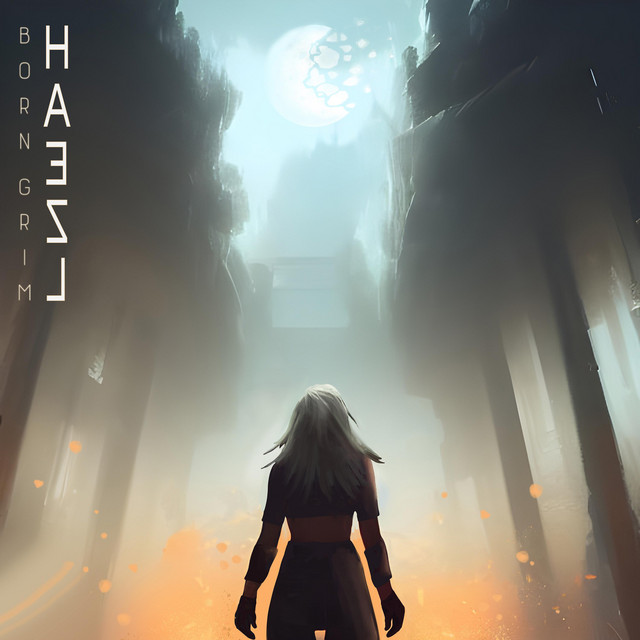 HAEZL "Born Grim" album art - Anime inspired artwork with a woman facing toward a forest on fire.