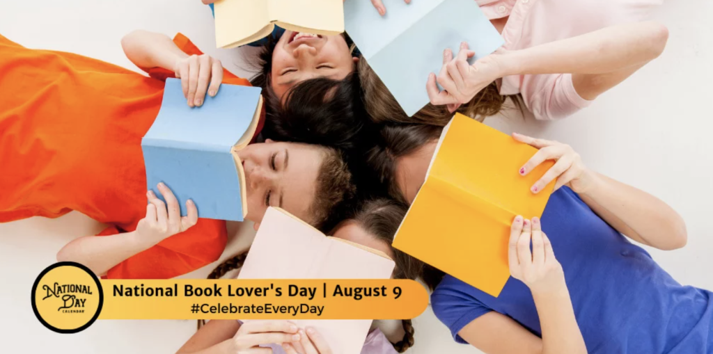 Children gathered in a circle reading, National Book Lovers Day graphic by National Day Calendar