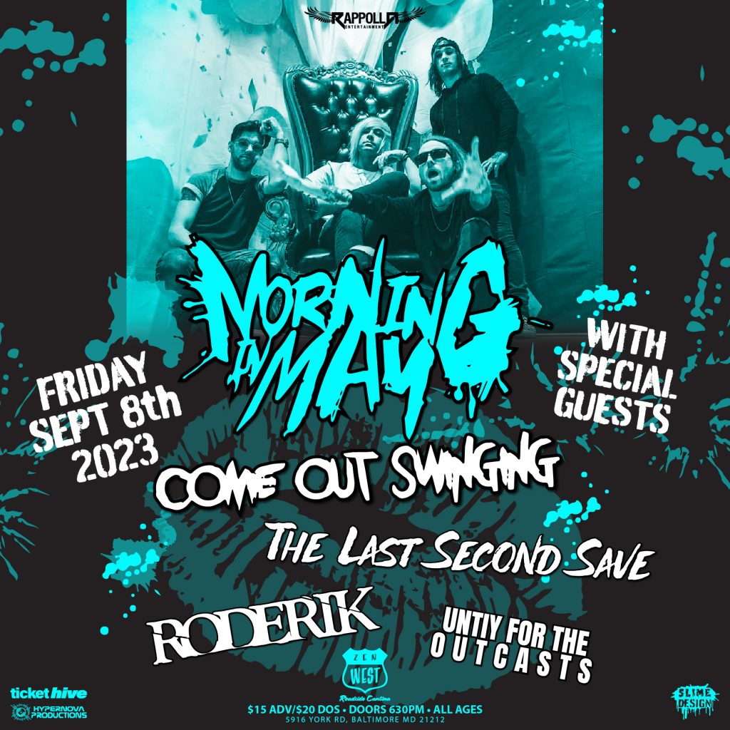 Promotional graphic for Zen West concert in Baltimore, MD on Sept 8 featuring Morning in May, Come Out Swinging, Last Second Save, and Unity for the Outcasts