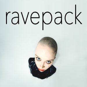 ravepack album art featuring Madge with a shaved head and wearing black pleather.