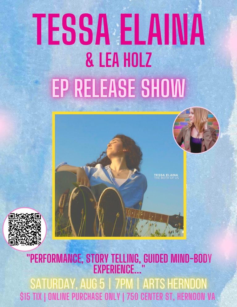 a blue background with pink texts that says "Tessas Elaina & Lea Holz EP Release Show" at the top, a centered photo of the EP album cover, and a circled image of Lea Holz, and a quote that says "Performance, story telling, guided mind-body experience" in pink at the bottom.