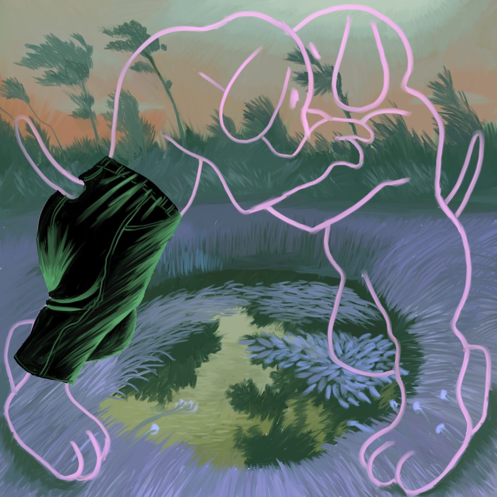Soft Punch - Above Water album art: A painting of a pond and two dogs embracing overlaying it, one wearing green pants.