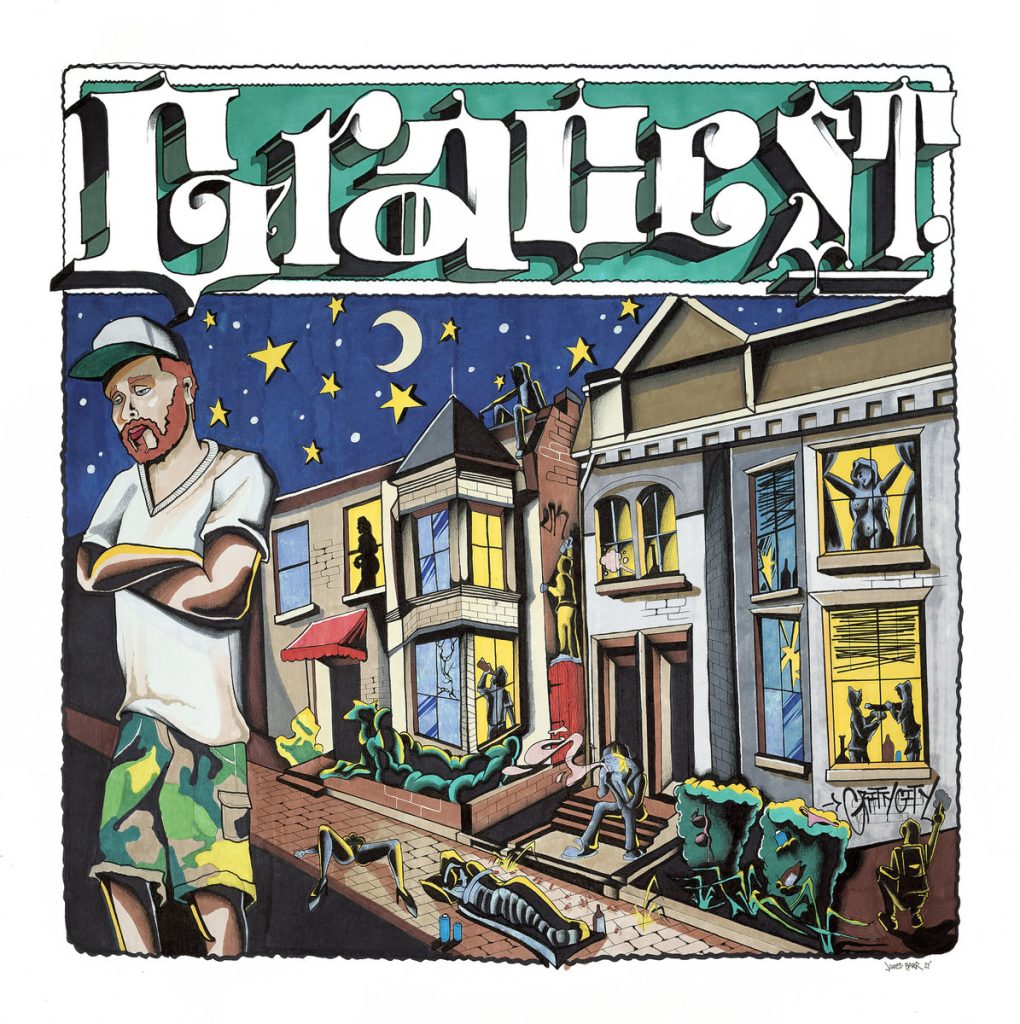 Johnny Ciggs — Grace St. — Album art depicting a hand drawn style of artwork depicting Johnny Ciggs on the left, in front of a row of townhomes. The windows are lit revealing risqué things. happening in the windows.