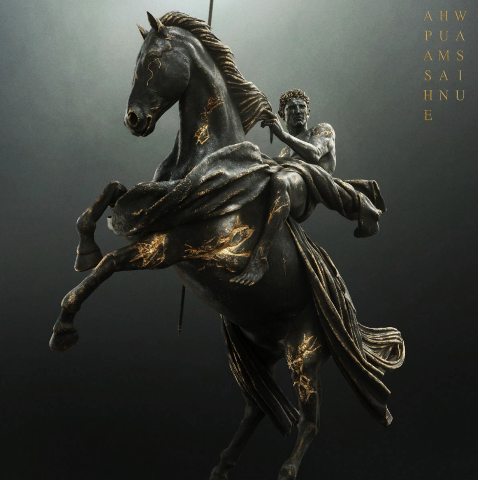 A black statue of a man riding a horse with gold veins running throughout. APASHE, HUMAN, and WASIU are written in gold font in the top right corner.