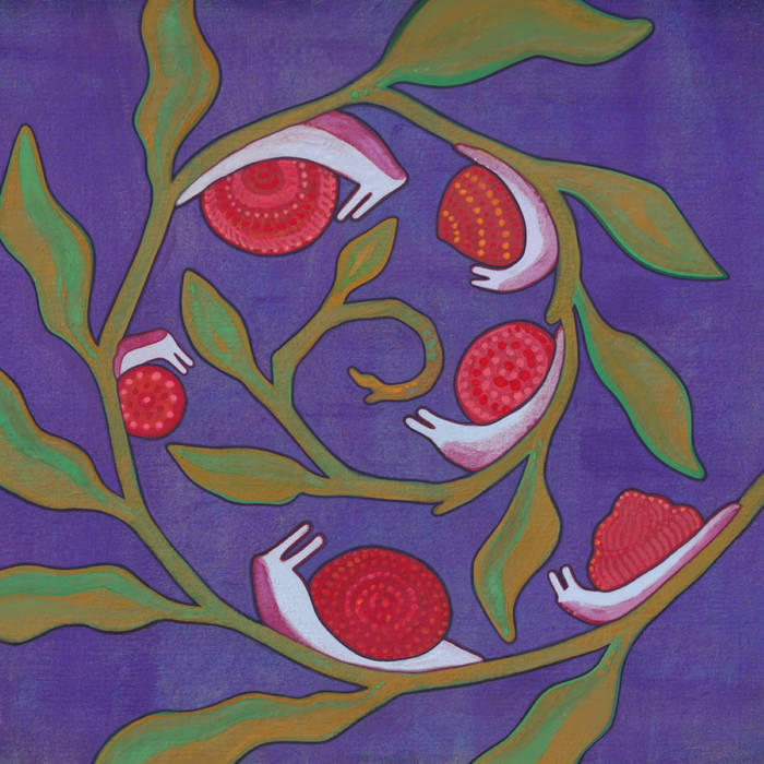 Big Cry Country, "Living Conditions" album art by Audrey Kubetin depicts a purple background and a green vine spiraling clockwise on which a number of pink snails with red shells are traversing.