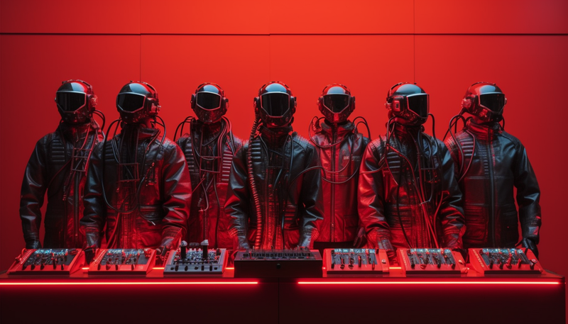 Datarock is standing behind a DJ table in black space suits, lit with heavy, red lighting