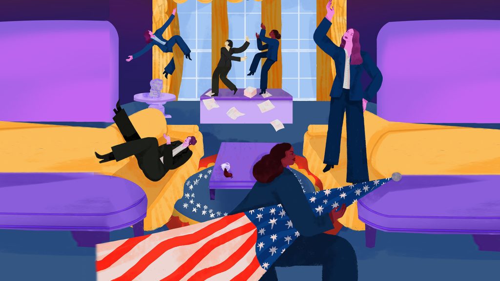 A graphic illustration of the women of POTUS trying to keep together the Oval Office.