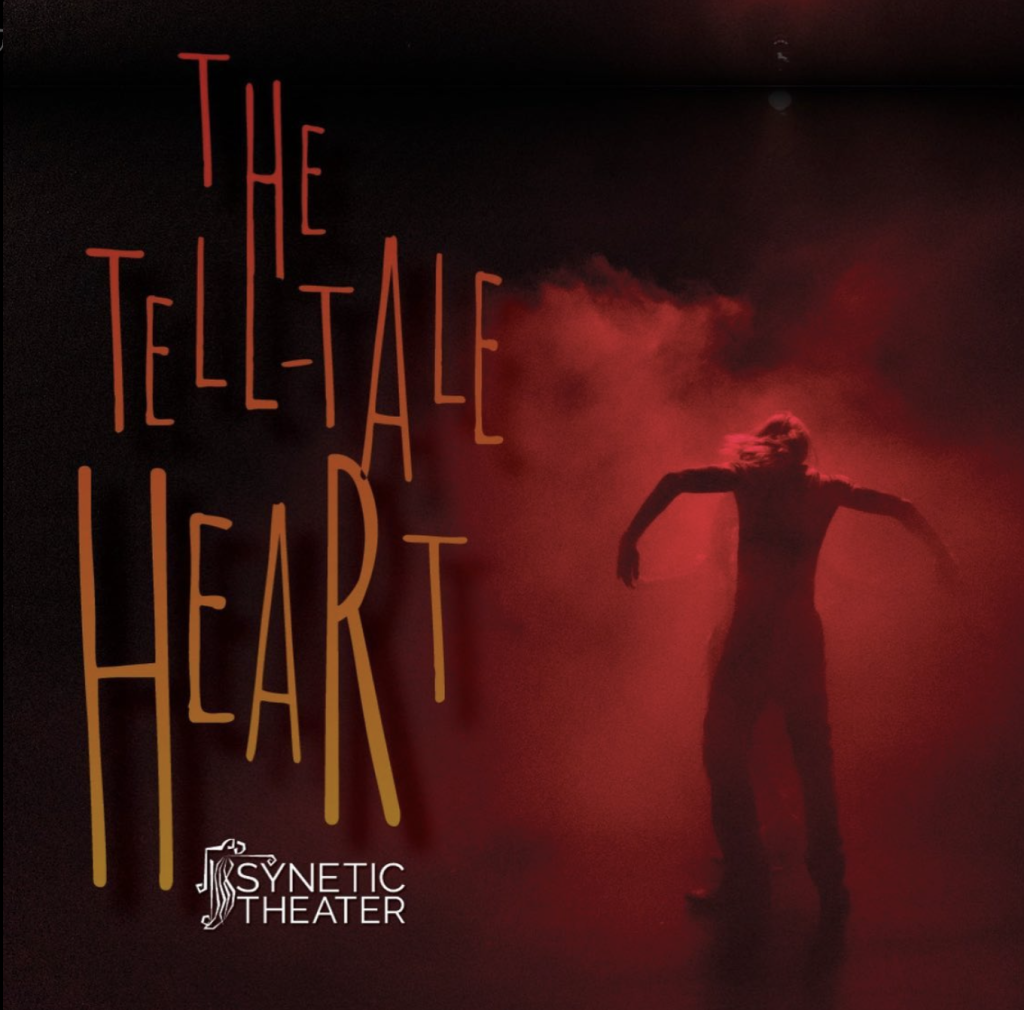 Against a cloudy red background with the silhouette of a person standing with their arms spread in a way that mimics wings. The the left of them, The Tell-Tale Heart is written in in orange type.