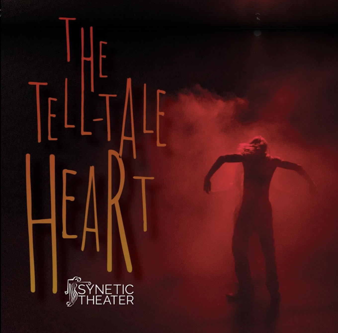 Against a cloudy red background with the silhouette of a person standing with their arms spread in a way that mimics wings. The the left of them, The Tell-Tale Heart is written in in orange type.