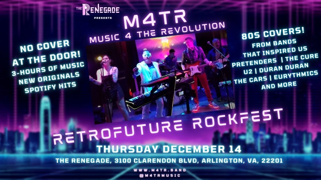 An image of M4TR with a neon background, promoting their upcoming show at The Renegade VA on December 14th.