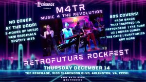 An image of M4TR with a neon background, promoting their upcoming show at The Renegade VA on December 14th.