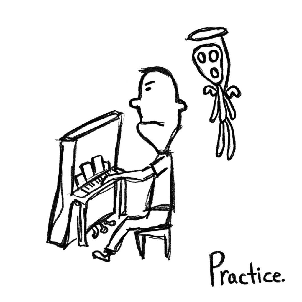 A black and white sketch of a crudely drawn man playing the piano with an angel looking over his shoulder.
