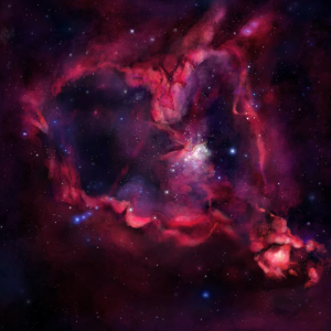 Unity for the Outcasts "Space in your Heart" album art, depicting a spatial event of swirling stars and universes resonating in purple, red, and hues of orange.