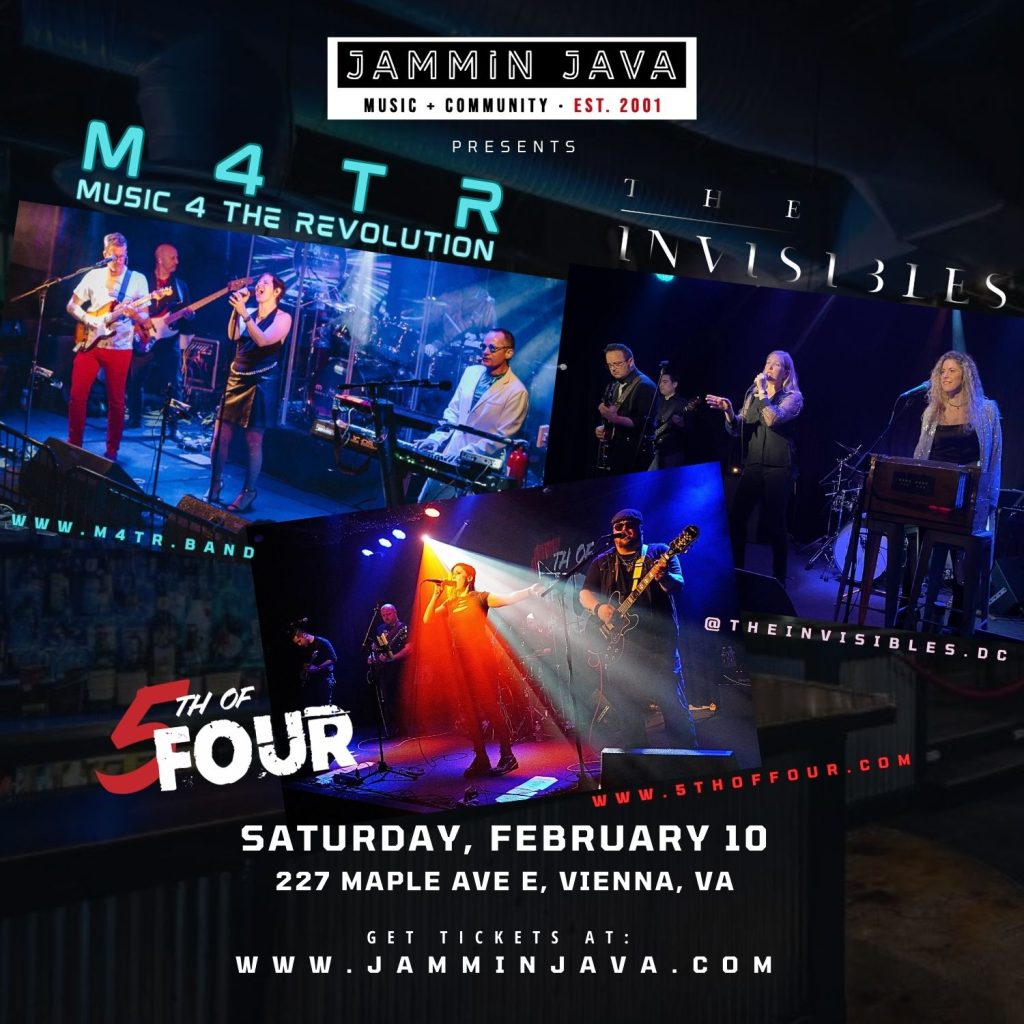 Flyer promoting the Feb10 Jammin Java event featuring M4TR, 5th of Four, and The Invisibles.