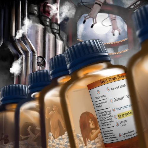 Riots and Jet Packs - Carousel - album art featuring an image of a medicine bottle manufacturing line