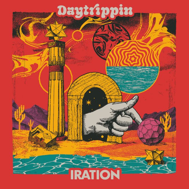 In a spacey, red background, a white hand is coming out of a yellow gate. There is a beach, and abstract shapes around the sand. Around the entire image is a red border that says Iration in white text on the bttom, and Daytippin in white text at the top.