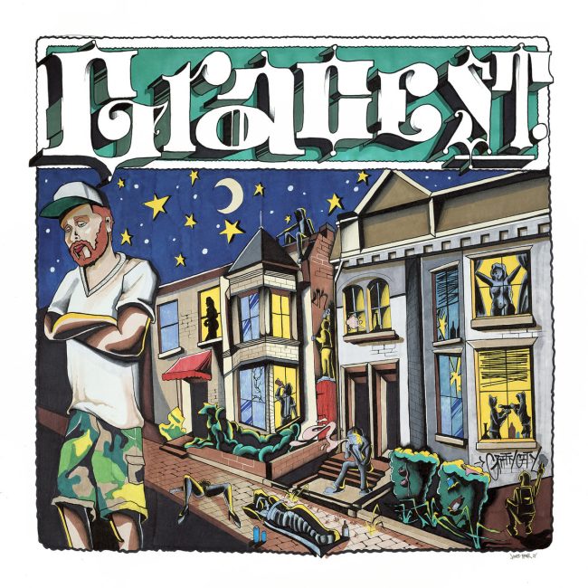 Johnny Ciggs — Grace St. — Album art depicting a hand drawn style of artwork depicting Johnny Ciggs on the left, in front of a row of townhomes. The windows are lit revealing risqué things. happening in the windows.