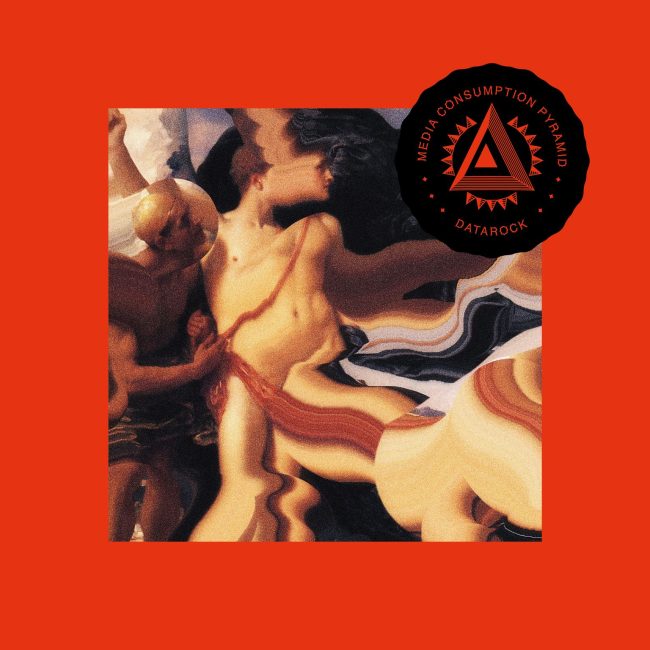 A distorted painting of people laying down in a framed by an orange square, with a black seal in the corner that reads 'Media Consumption Pyramid' in the same orange as the frame.