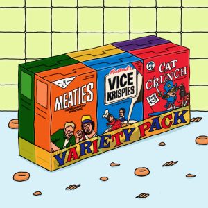 Mustard Service - Variety Pack album art depicting a cartoon style drawing poking fun at the tiny cereal variety packs. Popular cereals have been replaced with "Meaties," "Vice Krispies," and "Cat Crunch."