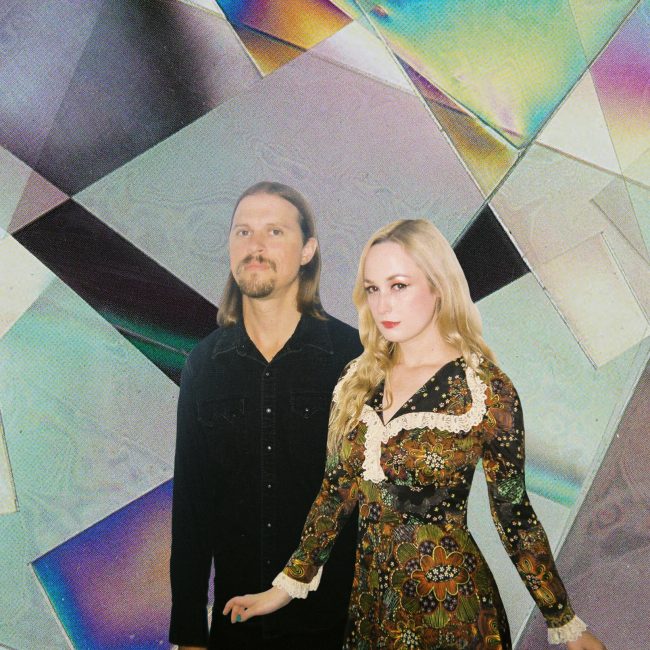 A photograph of Dora Hiller and Aric Bohn from Sneakpeek with a colorful geometric background.