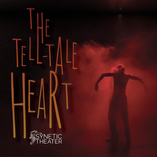 Against a cloudy red background with the silhouette of a person standing with their arms spread in a way that mimics wings. The the left of them, The Tell-Tale Heart is written in in orange type.